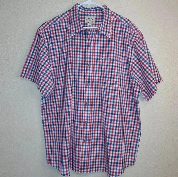 Blue Mountain Other - Men's BLUE MOUNTAIN Short Sleeve Button Down Shirt~Plaid~Size XL RED WHITE BLUE